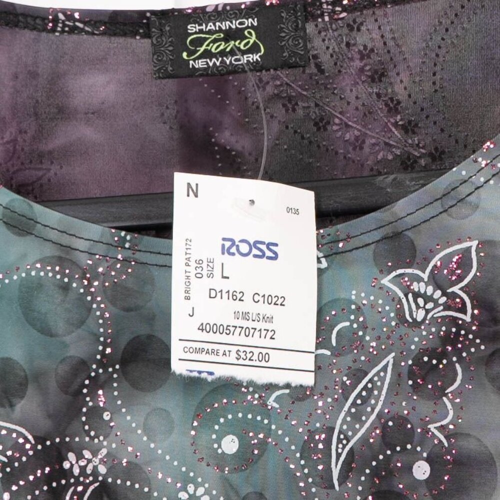 Y2K Hippie Shirt L Paisley Glitter Purple Green Dots Stretch Boho Indie Floral - Picture 4 of 5